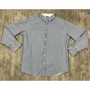 Verdo Mens Shirt Large Blue White Geometric Linen‎ Cotton Button Up Casual
